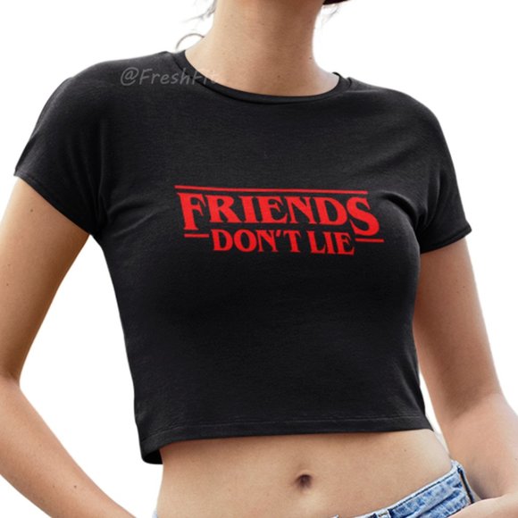 🆕Friends Don't Lie Stranger Things Black Fitted Crop Top Tee - Picture 1 of 4